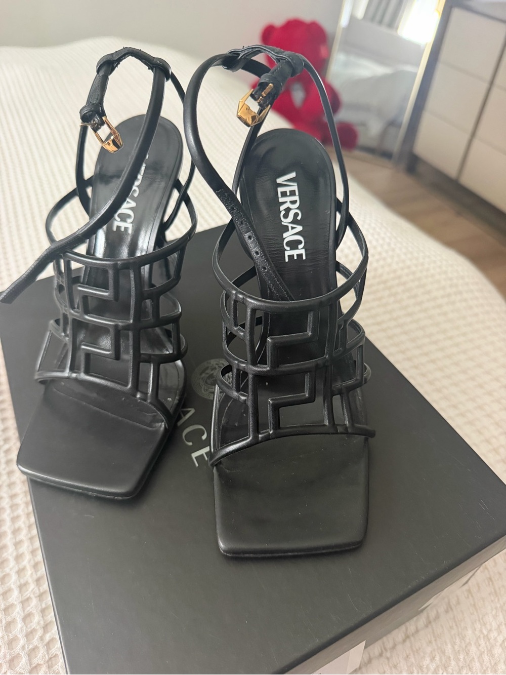 Versace Black Geometric Cage Heel Sandals
